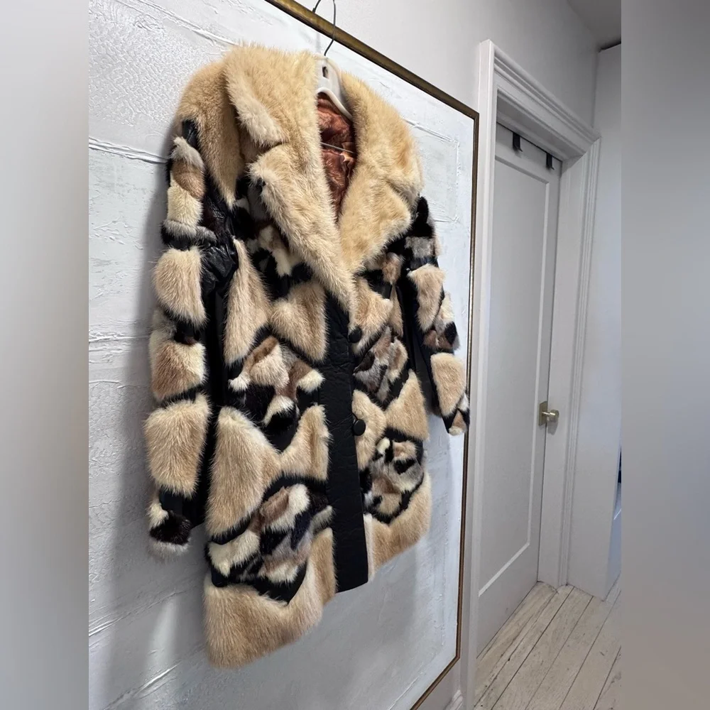 Vintage Mink Fur Patchwork Coat Leather Chevron Luxe Statement Jacket M - Picture 2 of 11